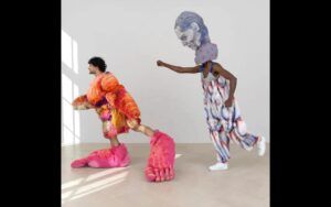 Felix Beaudry Fire Feet, 2024, Machine knit fabric; Bury me in his tits, 2020, Hand-tufted fabric. Courtesy of the Artist and SITUATIONS, NYC